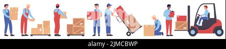 Warehouse workers set vector illustration. Cartoon man driving forklift transport to move boxes and packages, people carrying and packing stack of goods isolated white. Logistics, storage concept Stock Vector
