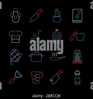 Cooking foods and kitchen vector isolated on the black icon set. Graph symbol for cooking web site and apps design, logo, app, UI Stock Vector