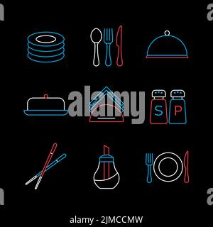 Restaurant vector isolated on the black icon set. Serving food sign. Graph symbol for cooking web site and apps design, logo, app, UI Stock Vector