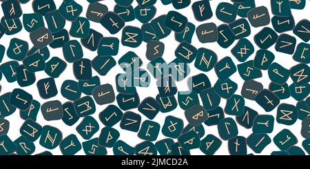 Runes seamless ethnic pattern. Runic alphabet, Futhark. Ancient norse occult symbols, black vikings letters on brown, rune font. Design for fabric, wa Stock Vector