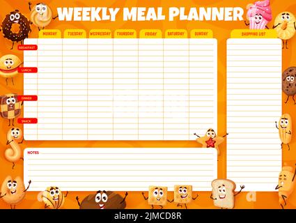 Weekly Table Animation Weekly meal planner, cartoon bakery, sweets and dessert characters ...
