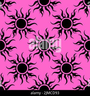 seamless symmetrical graphic pattern of black suns on a pink background, texture, design Stock Photo