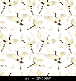 Decorative kimono floral motif background pattern with crane and flowers vector illustration Stock Vector