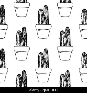 Cactus seamless pattern vector line art. Cute black succulent in pot illustration. Mexican house cacti in flowerpot Stock Vector