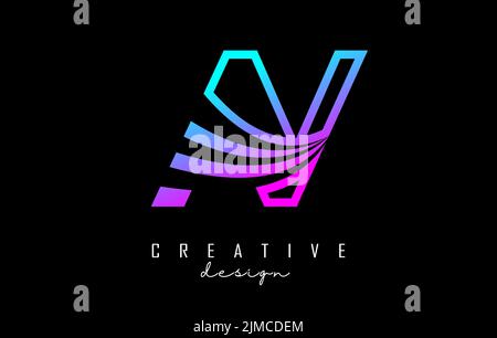 Outline colorful leading lines letters AV a v logo with road concept design. Letters with geometric and negative space design. Vector Illustration wit Stock Vector