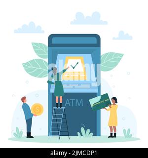 ATM electronic bank service to pay, exchange and transfer money vector illustration. Cartoon tiny people hold credit card and cash in hands, customers standing near machine. Payment, finance concept Stock Vector