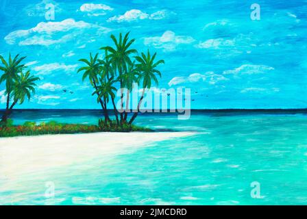 Oil painting on canvas of empty beach on tropical island Stock Photo