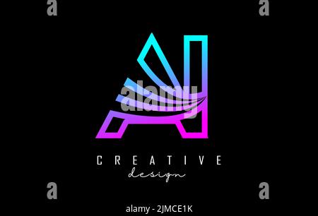 Outline colorful leading lines letters AI a i logo with road concept design. Letters with geometric and negative space design. Vector Illustration wit Stock Vector