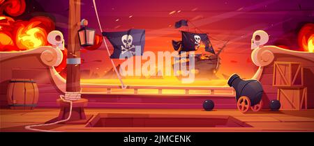 Pirate ship battle, wooden brigantine boat deck onboard view with cannon fire to enemy frigate with black jolly roger flag on seascape background, game scene of battleship, Cartoon vector illustration Stock Vector