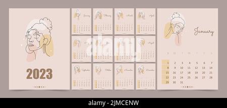 Calendar 2023 with abstract women faces in one line style. Week starting on sunday. Flat minimal desk or wall picture design. Vector template Stock Vector