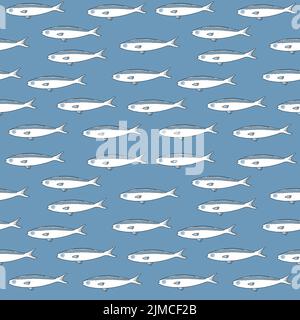 White fishes on blue background seamless pattern. Stock Vector