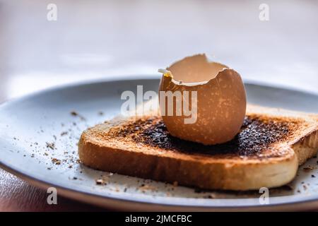 Empty boiled egg shell on burnt toast Stock Photo