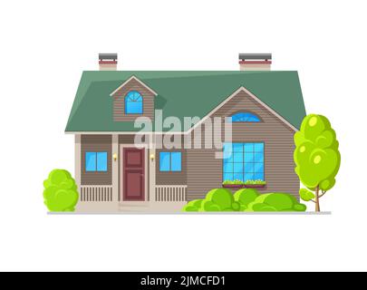 Residential house with wood plank facade exterior. Modern cottage house exterior, flat vector contemporary neighborhood building. Suburban real estate Stock Vector