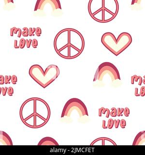 Love heart, peace symbol, rainbow retro 70s seamless pattern. Scattered heart shapes on a swirling background. groovy design in the style of the seven Stock Vector