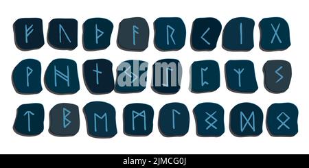 Set color runes symbols on white. Runic alphabet, Futhark. Ancient norse occult symbols, vikings letters carved in stone, rune font. Runic magical tal Stock Vector