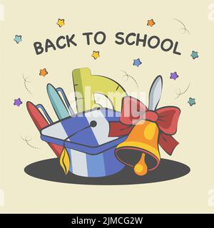 back to school background composition of bell pens and ruler Stock Vector