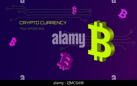 3d bitcoin cryptocurrency sign on a purple background with a microcircuit Stock Vector