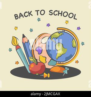 Background back to school composition from globe palette and brush Stock Vector