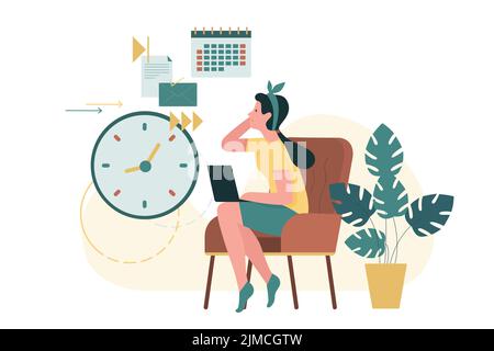 Effective time management and planning life time and home work for woman. Girl sitting with laptop, clock and calendar schedule to plan hours and tasks flat vector illustration. Lifestyle concept Stock Vector