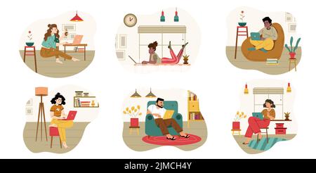 Freelancers work at home office, relaxed characters working remotely on laptops at comfortable domestic environment. Outsourced freelance self-employed employees Line art flat vector illustration, set Stock Vector