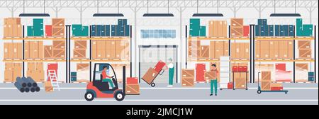 Warehouse distribution service and storage. Cartoon workers carry cardboard boxes, man using forklift and loading parcels in industrial hangar interior background. Factory, storehouse concept Stock Vector
