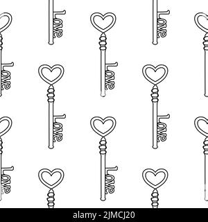 Keys romantic seamless pattern. Minimalist continuous line key love background. Vector illustration for marriage concept Stock Vector