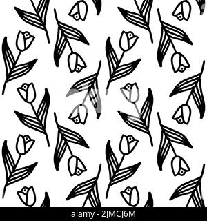 Doodle flower seamless pattern. Black flowers variety, hand drawn floral texture. Spring themed cute sketch elements Stock Vector
