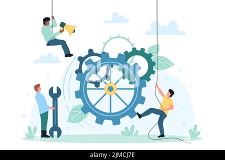 Maintenance and repair service with tiny technicians vector illustration. Cartoon handyman holding wrench, teamwork of professional characters to upgrade, fix devices or mechanism with work tools Stock Vector