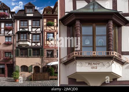 Historic half-timbered house with choir, totally renovated by the Friends of the Old Town, Weissgerbergasse 20, Nuremberg, Middle Franconia, Bavaria Stock Photo