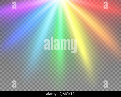 Rainbow rays on transparent background, light beams of color spectrum, vector lens flare effect. Magic rainbow shine glare or realistic spotlight rays Stock Vector