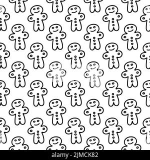 Gingerbread seamless pattern. Cute smiling Christmas cookie festive texture. Cozy winter baking line vector background Stock Vector