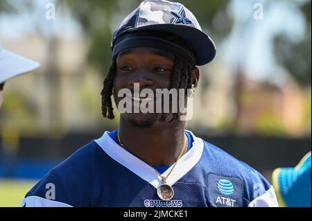 Dallas Cowboys safety Donovan Wilson (6) smiles after training camp, Wednesday, Aug. 3, 2022, in Oxnard, Calif. (Dylan Stewart/Image of Sport) Stock Photo