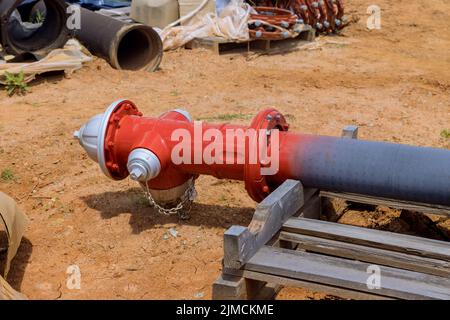 In preparation for its installation on the construction site, the fire hydrant has been prepared Stock Photo