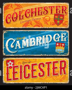 Leicester, Colchester, Cambridge, UK travel sticker labels or vector vintage plates. England Britain vacations and journey trip luggage tags and retro Stock Vector