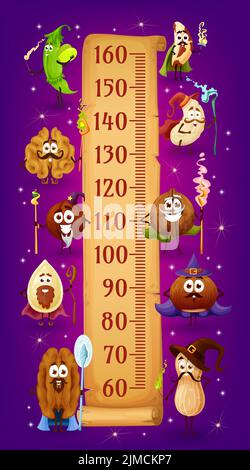Kids height chart with wizards and magician cartoon nuts and legumes, vector growth measure meter. Peanut, hazelnut and walnut sorcerers, macadamia an Stock Vector
