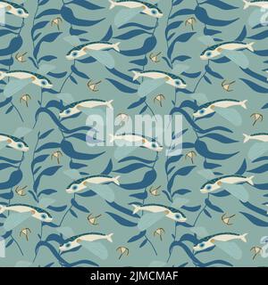 Flying fishes and sea weed seamless pattern in blue and green colours. Stock Vector