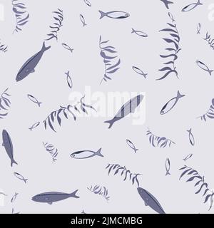 Fish and sea weed monochromatic seamless pattern. Stock Vector