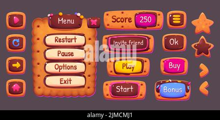 Game menu board and buttons with cookie and chocolate texture. Vector cartoon set of sweet biscuit panel, play, start, score banner and icons in shape of star and arrows Stock Vector