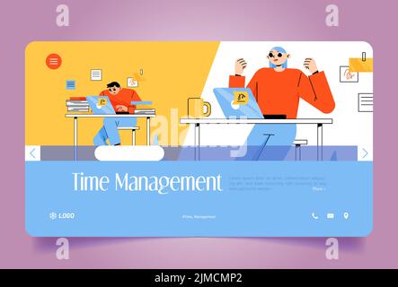Time management landing page with office workers man and woman sitting at desks with laptops and documents. Successful employee rejoice, busy clerks at their workplace, Line art flat vector web banner Stock Vector