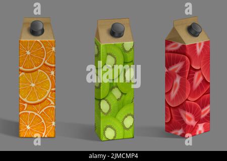 Juice package mockup, carton boxes with fruits print. Pack with orange, kiwi and strawberry front and angle view. Container for liquid production, isolated packing object, Realistic 3d vector mock up Stock Vector