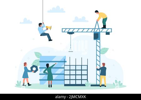 Process of building modern skyscraper at construction site vector illustration. Cartoon tiny workers, architects and engineers build wall house, work on unfinished facade. Architecture concept Stock Vector
