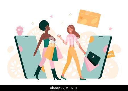 Online shopping for people via mobile phone. Tiny girls customers using application to buy goods with discounts on sales, happy buyers walk with bags flat vector illustration. Ecommerce concept Stock Vector