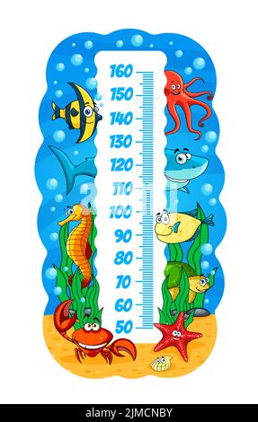 Kids height chart, underwater cartoon sea animals, vector growth measure meter scale with fish in ocean water, octopus and funny seahorse, shark and c Stock Vector