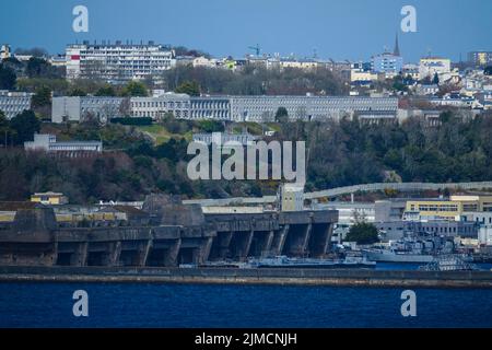 View from the Pointe des Espagnols viewpoint in Roscanvel across the bay to the former submarine repair yard, largest WW2 bunker in Brest, Crozon Stock Photo