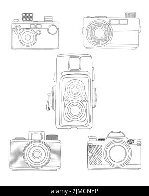 Doodle analog cameras over whitebakcogruns, hand drawn vector Stock Photo