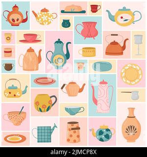 Kitchen utensils for tea party set vector illustration. Cartoon cute colored glass and ceramic crockery with different pattern, tableware for tea ceremony and breakfast in geometric collage background Stock Vector