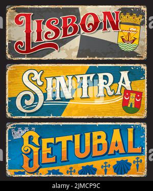 Lisbon, Setubal, Sintra, Portuguese city plates and travel stickers, Portugal vector tin signs. Portuguese cities destinations and voyage luggage tags Stock Vector