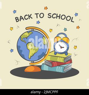 back to school background composition from globe of books and alarm clock Stock Vector