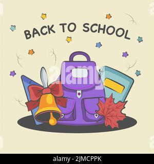 background back to school composition from the backpack bell in a notebook Stock Vector