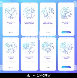 Energy efficiency blue gradient onboarding mobile app screen set Stock Vector